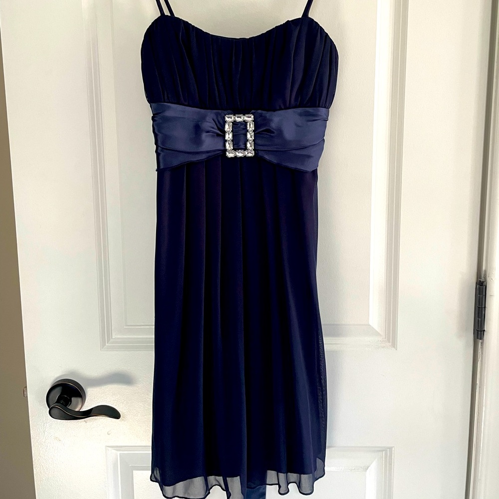 Midnight Blue Evening Gown with Rhinestone Buckle by City Triangles